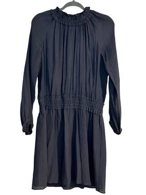 Brochu Walker blue crinkle silk mini dress blouson smocked waist romantic S